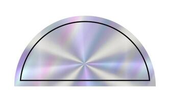 A metallic half circle displays a shiny, reflective surface with a striking iridescent pattern. The abstract Hologram design emphasizes geometric simplicity and elegance. Holographic sticker. vector