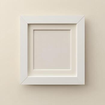 Photorealistic square mock-up of a white picture frame on a wall in a classic scandinavian design. White with a matte finish and an off-white textured background inside the frame. photo