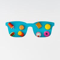 Trendy colorful layout made with food and drink products on blue background visible through white glasses shaped cutout. Minimal creative food concept. Flat lay, top view. Food aesthetic. photo