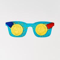 Sparkles bright blue background with golden medals visible through white glasses shaped cutout. Minimal winners concept. Flat lay style, top view. photo