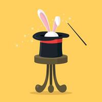 Magician's hat on a stool with rabbit ears. Focus. Moment of magic. Abracadabra. vector
