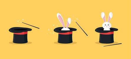 Trick with a rabbit in a hat. Stages of the rabbit's appearance. Magic trick. Magic show. vector