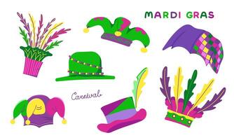 set with elements for Mardi Gras carnival with text. Bright Images of hats with feathers and beads for design and logos. vector