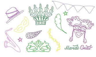 set with elements for Mardi Gras carnival with text in doodle style. Bright Image of hat with feathers, flags and beads for design and logos. vector