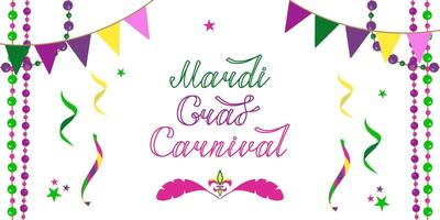 background for Mardi Gras carnival. Party invitation card with beads, flags and confetti with text. vector