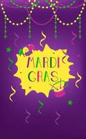 poster for Mardi Gras carnival with text in vertical form with purple background. Party invitation with beads and confetti. vector