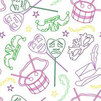 seamless pattern with elements for Mardi Gras carnival in doodle style. Bright Images of mosquitoes, hats with feathers and drums for packaging and wallpaper. vector