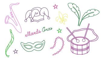 set with elements for Mardi Gras carnival with text in doodle style. Bright Images of masks, feathers, hats and beads for design and logos. vector