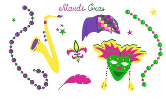 set with elements for Mardi Gras carnival with text. Bright Images of mask, hat, feathers and beads for design and logos. vector