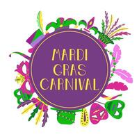 background with text in a circle with elements for Mardi Gras carnival. Bright Images of masks, feathers, hats and beads with confetti for design and logos. vector