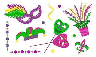 set with elements for Mardi Gras carnival. Bright Images of mask, hat with feathers and beads with confetti for design and logos. vector