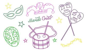 set with elements for Mardi Gras carnival with text in doodle style. Bright Image of mask and drum for design and logos. vector