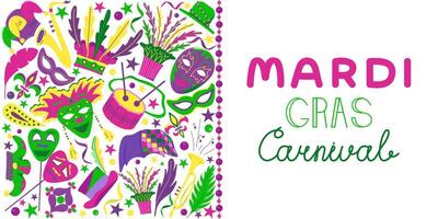 poster with elements for Mardi Gras carnival with text. Party invitation with masks, feathers and musical instruments. vector