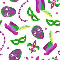 seamless pattern with elements for Mardi Gras carnival. Image of mosses, hats with feathers and beads in bright colors. vector