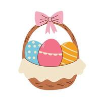 cute basket easter with eggs. Flat illustration in children's style vector