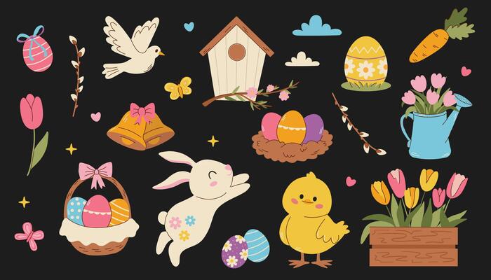 Set of easter elements. Cute Easter set. Spring collection of animals, flowers and decorations. For poster, card, scrapbooking , stickers