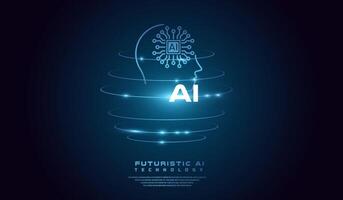 The head AI glowing rings, creating a holographic effect. The background is dark with a gradient effect design vector