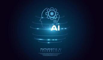 The head AI glowing rings, creating a holographic effect. The background is dark with a gradient effect, The AI head concept world background template illustration. vector