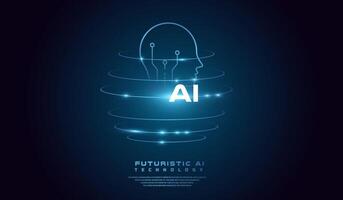 The AI head concept world background illustration. with The head AI glowing rings, creating a holographic effect. The background is dark with a gradient effect vector
