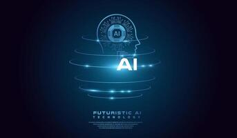 The AI head concept world background template illustration. with A neon-blue outline of a human head with circuit-like patterns and a gear symbol represents AI technology. vector