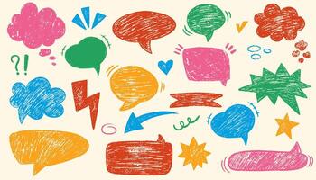 Crayon speech bubble set. Set of text boxes and speech bubbles with crayon or chalk texture. Hand drawn chalk pencil dialog balloon, children doodle text cloud. illustration vector