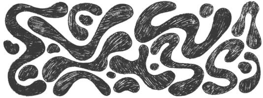 Funky organic liquid shapes and fluid forms drawn by a crayon. Various bubbles, organic irregular shapes with pencil texture. Bold hand drawn lines, spots. Crayon drawn forms vector