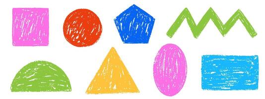 Charcoal geometric basic shapes. Set of colorful geometric figures crayon square, circle, rectangle, triangular in childish style. Pastel chalk or pencil. Grunge charcoal texture, elements. vector