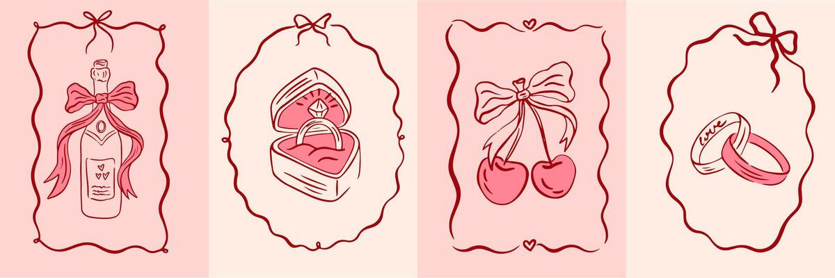 Vintage greeting cards for Valentine's Day in coquette style. Hand drawn whimsical frames with elegant bows and ribbons. Template for poster, banner, wedding invitation, birthday card. illustration