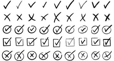 Check marks doodle set. Vote, yes, no, checkbox, checklist, tick and cross signs, v and x drawn concept. Hand drawn doodle sketch style illustration vector
