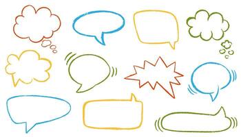 Chalk pencil speech bubbles doodle set. Comic talk balloon in sketch style, grunge texture. Hand drawn kid's style pencil dialog balloon, various text clouds. illustration vector