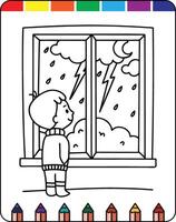 A coloring page with a boy looking out the window vector