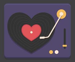 Retro vinyl record player with vinyl record in the shape of heart. Top view vector