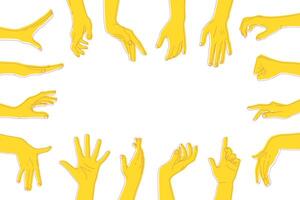 Reaching hands with different gestures around the background with empty space for text. Human hands gestures on white background vector