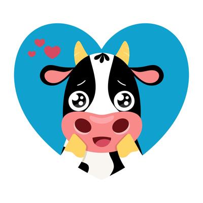 Cute cow in love. Cartoon baby cow in a heart shaped frame