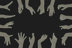 Human hands silhouettes with different gestures around the background with empty space for text. Human hands gestures vector