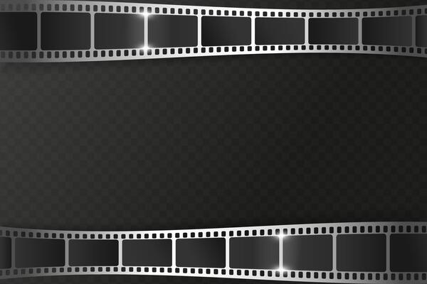 Shiny silver filmstrip frame borders on dark background. Perspective film strip design. Movie film ribbon frame