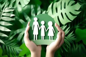 Hands holding paper cutout family in front of green leaves photo