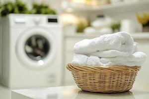 Clean white towels folded in basket with washing machine in background photo