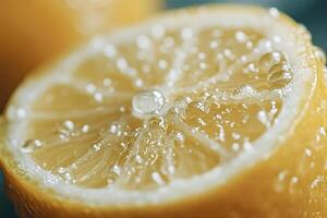 Close-up macro photograph capturing the vibrant details of a freshly cut lemon half, glistening with sparkling water droplets, creating a refreshing and invigorating visual photo