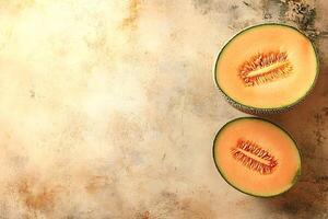 Two slices of fresh, ripe cantaloupe resting on a textured surface photo