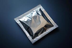 Sealed foil package on dark background reflecting light photo