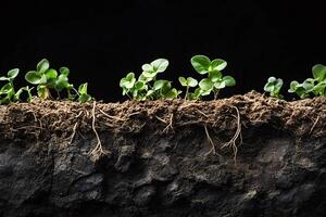 Growing plants showing root structure in soil cross section photo