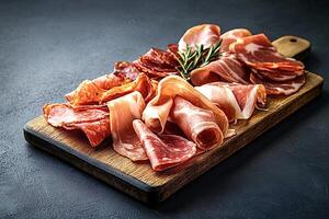 Variety of cured meats prosciutto and chorizo sausage on wooden cutting board photo