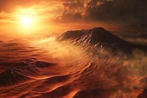 Sun shining on mountain range in desert landscape with wind blowing sand photo