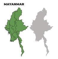 Mayanmar political regions green outline map set vector
