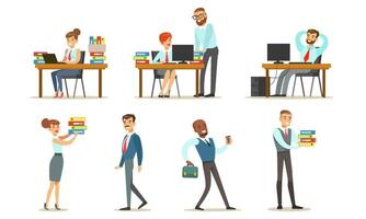 People Working in the Office Set, Male and Female Business Characters or Employee Sitting at Desks with Computers and Standing, Office Work Occupation Elements Illustration vector