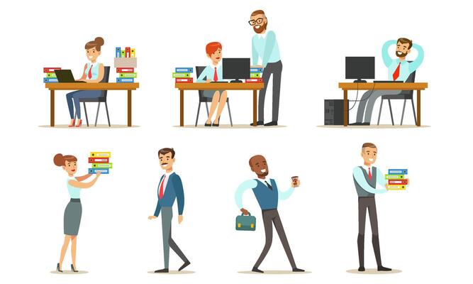 People Working in the Office Set, Male and Female Business Characters or Employee Sitting at Desks with Computers and Standing, Office Work Occupation Elements Illustration