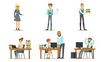 People Working in the Office Set, Male and Female Business Characters or Office Workers Sitting at Desks with Computers and Standing Illustration vector