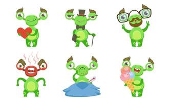 Funny Little Monster with Various Emotions Set, Green Mutant Cartoon Character in Different Situations Illustration vector