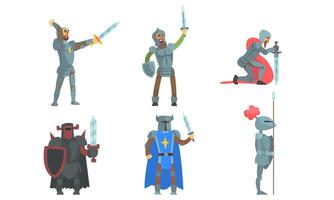 Medieval Knights with Swords Set, Ancient Warriors Historical Characters in Armour Illustration vector